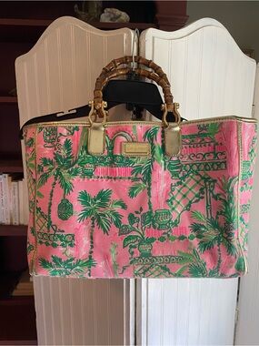 Lilly Pulitzer Pink and Green canvas Tropical Bamboo Handle Tote